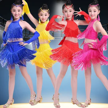 Rhinestone Fringe Latin Kostümleri 2 parça Set Kızlar İçin Üst + Etek Pullu Püskül çocuk Dans Elbise Sahne Giyim Giyim 10