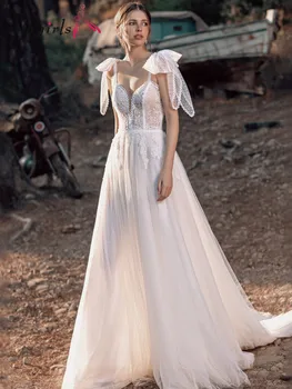 Romantik Bohemian Kolsuz Boho Yay Askıları Plaj Dantel düğün elbisesi Artı Boyutu gelinlikler gelinlik Vestido De Noiva 21