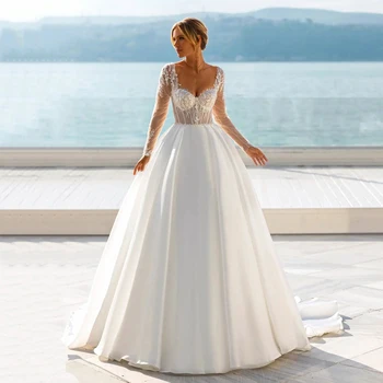 Roseca Ye Zarif Saten Bir Çizgi düğün elbisesi 2022 gelin kıyafeti Uzun Kollu Dantel Aplikler Modern Korse düğün elbisesi es 6