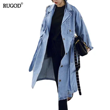 RUGOD Sonbahar Kadınlar Casual Gömme X Uzun Denim Kot Trençkot Moda Denim Ceketler Artı Boyutu Ayarlanabilir Denim Trençkot Yeni 15