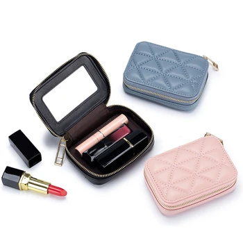 Ruj Çantası Hakiki Deri Makyaj çantası Mini Çanta Organizatör Kadın kozmetik çantası Ayna Ruj Cep Bozuk para cüzdanı 8