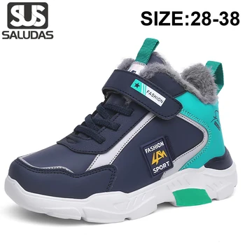 SALUDAS Çocuk Sneakers Kış Su Geçirmez Erkek Ayakkabı Moda Deri rahat Ayakkabı Kürk Sıcak Açık Kar Botları Yüksek Top Sneakers 4