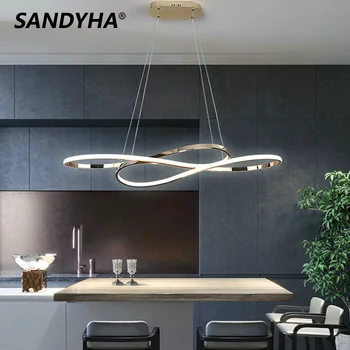 SANDYHA Modern LED yemek odası avizeler basit eğri çizgi tarzı kolye ışık kaplama altın lüks Bar ev dekor asılı lamba 13