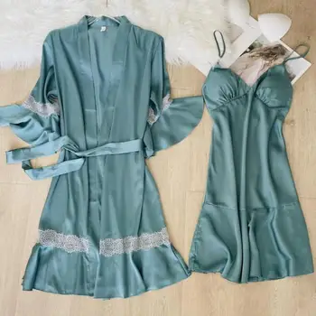 Saten Dantel Patchwork Pijama Bornoz Elbisesi 2 ADET Kimono Bornoz Seti Kadınlar Casual Yaz Yeni Ev Giyim Samimi İç Çamaşırı 14