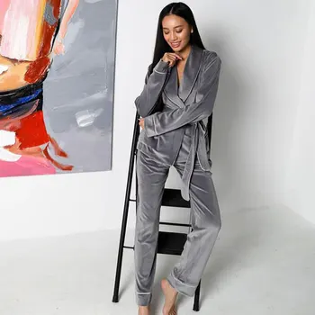 Schinotch kadın Kadife Pijama Seti Zarif Parlak Kadife Elbise + Pantolon Kıyafeti 2022 Sonbahar Kış Bayanlar Gecelik salonu