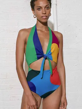 Seksi Derin v Bikini Moda Colorblock Baskı Aç Geri Tek parça Mayo Halter Beachwear Yaz Plaj Kıyafeti kadın banyo takımı