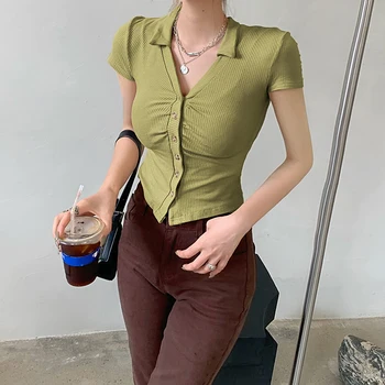 Seksi Kılıf Örme kısa kollu tişört Kadın Moda V Yaka Tek Göğüslü Hırka Üstleri kadın Yaz İnce Tee Gömlek 12