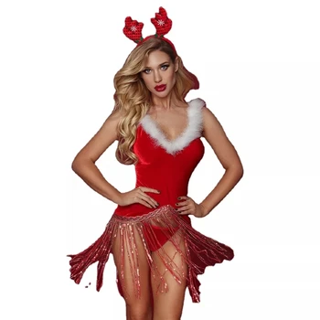 Seksi Noel Püsküller Kırmızı Bodysuit T-geri Kostüm İç Çamaşırı Noel Takım Elbise Sevimli Kız V Yaka Üniforma Geyik Headdress Pijama Elbise