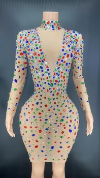 Seksi Sahne Çok renkli Parlak Kristal Örgü Şeffaf Kısa Rhinestones Elbise Doğum Günü Kutlamak Akşam Balo Parti Sahne Elbise 1