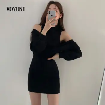 Seksi V Kapalı Omuz Kazak Siyah Üst + Yüksek Bel Çantası Kalça Gri Yelek örme elbise Vestidos Mujer 2022 Elbise Kadınlar için 2 Takım 6