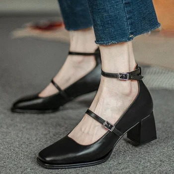 Seksi Yüksek Topuklu Kadın 2022 Bahar Moda Deri Ayak Bileği Toka Kayış Pompaları Kare Ayak Mary Jane Ayakkabı Bayanlar klasik Parti Topuklu 22