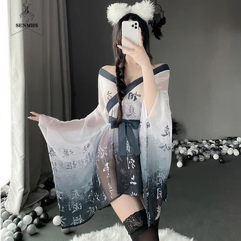 SENMHS Japon Kimono Kadın Seksi Iç Çamaşırı Perspektif Yumuşak Iplik Mürekkep Yıkama Bornoz Üniforma Günaha Pijama Bornoz Kostüm Seti