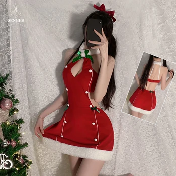 SENMHS Noel Babydoll Elbise kadın Iç Çamaşırı Seksi Kadife Iç Çamaşırı Kolsuz Etek Rol Oynamak Seksi Backless Gecelik