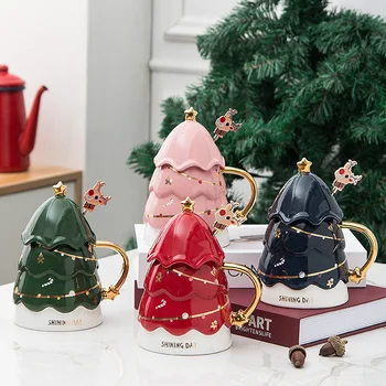Seramik Noel Kupa 420ml Büyük Kapasiteli Çift Kahve Fincanı Ofis Süt Çay İçme kapaklı bardak Kaşık Latte Sanat Güzel Kız 9