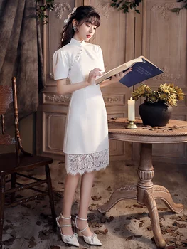 Sertifika kayıt cheongsam küçük adam geliştirilmiş yaz ışık düğün elbisesi Saten Fransız küçük beyaz etek retro Nişan 11