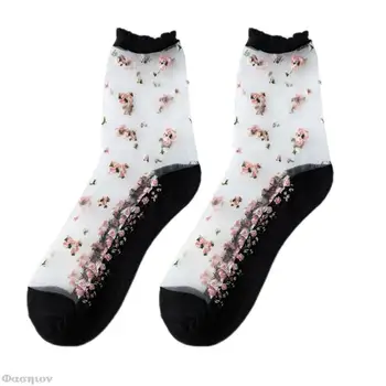 Sevimli Çiçek Baskı şeffaf ağ Buz İpek Çorap Kızlar Kadınlar İçin Yaz İnce Cam Çorap Şeffaf Kristal Çorap 2023 3