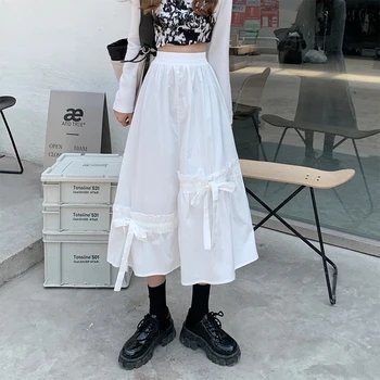 Siyah Beyaz Falbala Yay Maxi Kore Moda Yüksek Belli Vintage İlkbahar Sonbahar Yaz Kadın giyim Etekler Vetement 2021 17