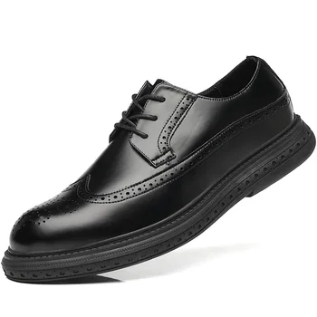 Siyah Brogue Sosyal Ayakkabı Yumuşak Deri Erkek Elbise Ayakkabı Kauçuk Taban Erkek deri ayakkabı Lüks Marka Derby Ayakkabı Düğün Ayakkabı Erkekler 19