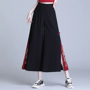 Siyah kadın pantolonları Çin Tarzı Hippi Etnik Gevşek Nakış Estetik Baggy Geniş Bacak Pantolon Kimono Pantolon Kadın 2