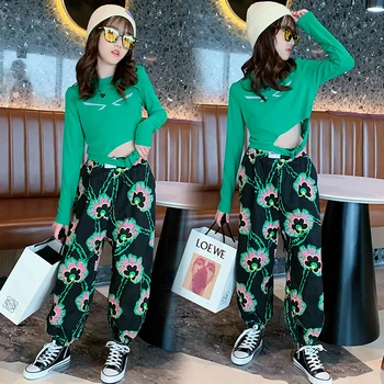 Sokak Kız Elbise Uzun Kollu T-shirt Yeşil Toka Hollow Tops + harem pantolon Çiçek Pantolon 2 ADET Set Moda Genç Çocuk Takım Elbise 18