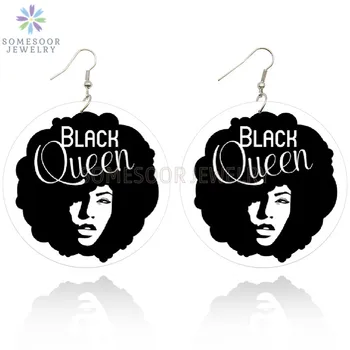 SOMESOOR Siyah Kraliçe Afrika Ahşap Damla Küpe Afro Doğal Saç Tasarım Her İki Taraf Baskı Takı Kadınlar İçin noel hediyesi 5