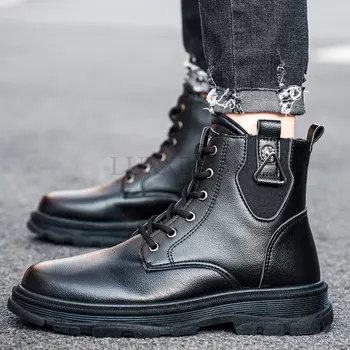Sonbahar / kış erkek Yüksek top Martens Dantel-up Moda Yuvarlak Ayak Deri Çizmeler Moda Takım Rahat Metal Dekoratif ayakkabı