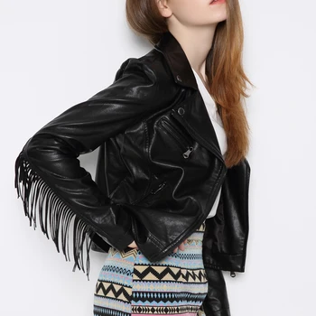 Sonbahar Kış Güzel Sıcak Satış Yeni Moda Kadınlar Kısa Tasarım marka Motosiklet Ceket Ince Püskül Deri Ceket Kadın siyah mont 10