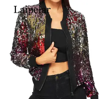 Sonbahar Kış Pullu Ceket Bombacı Ceket Kadın Giyim Streetwear Uzun Kollu Renkli Glitter Bayanlar Sparkly Ceket Kadın 8