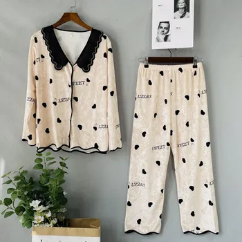 Sonbahar Kış Yeni Kadife Pijama Seti Rahat Pijama Kadınlar İçin Baskı 2 Adet Gömlek ve Pantolon Salonu Aşınma Kadife Pijama Gecelik