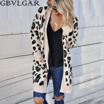 Sonbahar Kış Yeni Kadın Leopar Eğlence Ins Tarzı Örme Uzun Hırka Uzun Kollu Kazak Palto Kadın Cep Dış Giyim Palto 13