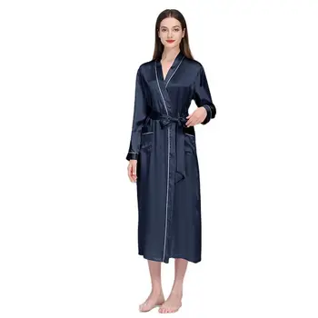 Sonbahar Kış Yeni Stil Kimono Kıyafeti Gecelik Kadın Saf Renk İpek Kaygan Yakın Cilt Ev Giyim
