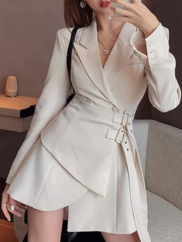 Sonbahar Mini Parti Blazer Elbise Kadın Kore Tek parça Ofis Bayan Zarif Elbise Şık Sashes Tasarım Uzun Kollu Elbise 2022 Yeni 12