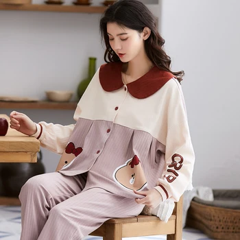 Sonbahar Pijama kadın Pamuk Tam Kollu Tatlı Güzellik Kış Sevimli Karikatür Ev Tekstili Seti 19