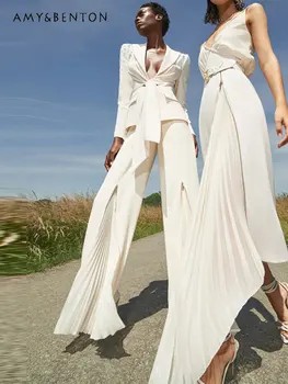 Sonbahar ve Kış Yeni Zarif Moda Ceket Beyaz Sosyetik Mizaç Dantel-up Takım Elbise Pilili Fermuar Pantolon İki Parçalı Set 22
