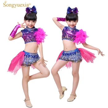 Songyuexıa Kızların Latin / Modern Dans Elbise çocuk Sahne Dans Kostüm Çiçek Kuyruklu Kostüm Üst ve Pantolon 110-150 cm 17