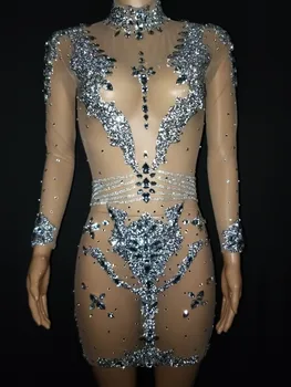 Sparkly Gümüş Kristaller Örgü Elbise Kadın Doğum Günü Kutlamak Perspektif ELBİSE Sahne Akşam Gece Kulübü Elbise Gösterisi Kıyafet