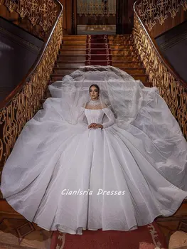 Sparkly Kristal Yüksek Boyun Dubai düğün elbisesi Balo Illusion Uzun Kollu Boncuk İnciler Suudi Arapça gelinlikler 17