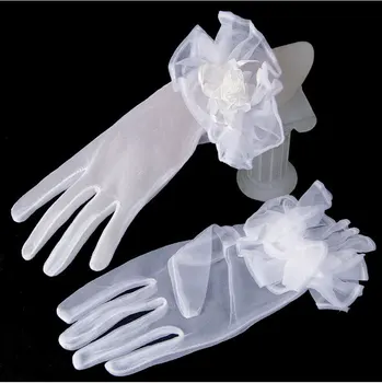 Stokta yeni Beyaz Fildişi Bilek Uzunluğu Tül Tam Parmak Gelin Eldiven Çiçekler Kadınlar Düğün Aksesuarları 16