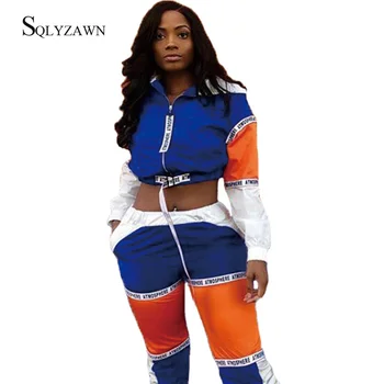 Streetwear Colorblock Patchwork Bandaj Spor İki Parçalı eşofman takımı Kadın Sonbahar Kapüşonlu Ceket Kırpma Üst koşucu pantolonu Takım Elbise 10