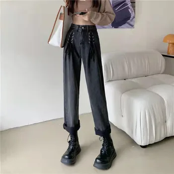 Streetwear Dantel-up Yüksek Bel Kadın Kot Vintage Gri Sonbahar Uzun Düz Pantolon Erkek Arkadaşı Jean Kadınlar için Büyük Boy Pantalones 11