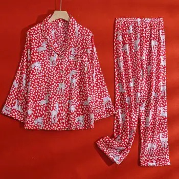 Tatlı Baskı Geyik Pijama Seti Kadınlar İçin Bahar Sonbahar Uzun Kollu Pantolon Takım Elbise Loungewear Yumuşak İpek Saten Pijama Femme Dökün 14