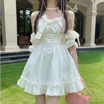 Tatlı Kawaii Peri Beyaz Elbise Kadınlar Patchwork Kapalı Omuz Seksi Parti Mini Elbiseler Yay Fırfır Sevimli Prenses Sundress y2k 2021 3