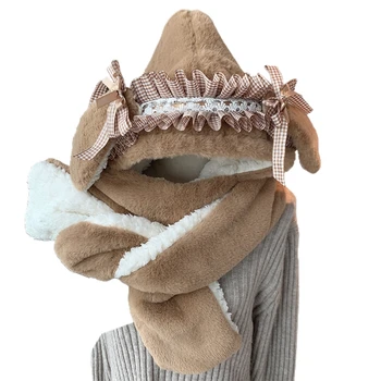 Tatlı Tavşan Kulak Peluş Tek parça Şapka Eşarp Eldiven kulak koruyucu Kalınlaşmak 3 in 1 Sıcak Peluş Lolita Kış Şapka Kızlar için 18