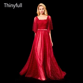 Thinyful Sparkly Kırmızı Tül Abiye Boncuk Kare Yaka A-Line Tam Boy balo elbisesi Fermuar Geri vestidos de novia