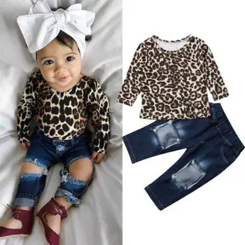 Toddler Bebek Kız Leopar Uzun Kollu Üstleri Gömlek Yırtık Kot Tahrip Kot Pantolon Çocuk Giysileri Kıyafetler 19