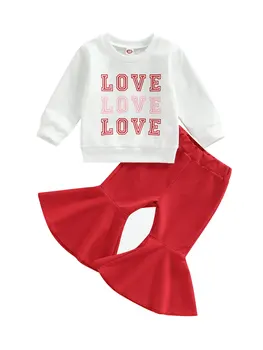 Toddler Bebek Kız Sevgililer Günü Çan Alt Kıyafet Giyim Seti Mektup Uzun Kollu bisiklet yaka Kazak Flare Pantolon 5