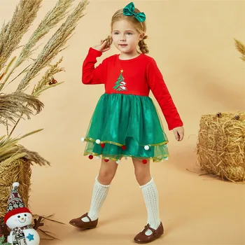 Toddler Kız Noel Elbise Çocuklar Uzun Kollu Noel Ağacı Baskı Prenses Elbise Örgü Patchwork Tül Elbise Kafa Bantları İle Çocuklar İçin 17