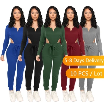 Toplu Ürünler Toptan Çok Sonbahar Kıyafetler Kadınlar için İki Parçalı Set V Boyun üst ve pantolon seti Katı Bandaj Bodycon Eşleşen Setleri 5