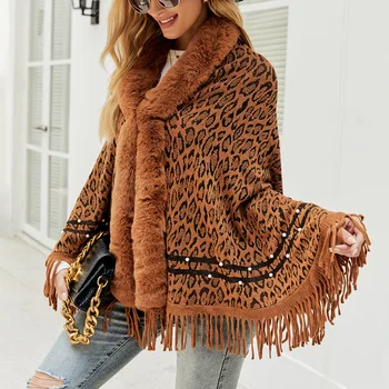 TPJB Için Yeni Moda Kadın Ceketler Kış Leopard Faux Kürk Yaka Kalın Sıcak Örme Pelerinler Pançolar Sonbahar Dış Giyim Triko 18