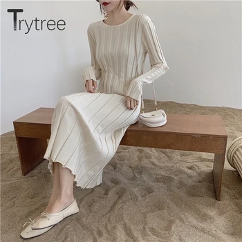 Trytree 2020 Sonbahar Kış İki parçalı set Rahat O-Boyun Katı Örgü Slim fit Elbise + Ceket Hırka Moda Seti 2 Parça Set 23